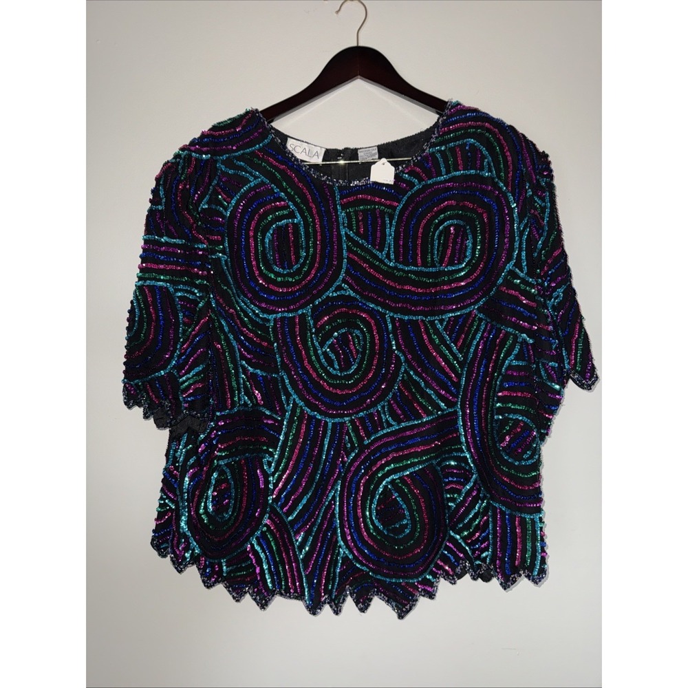 Vintage SCALA 100% Silk Rare2Find Y2K Fully Sequent Blouse Black Size 5X